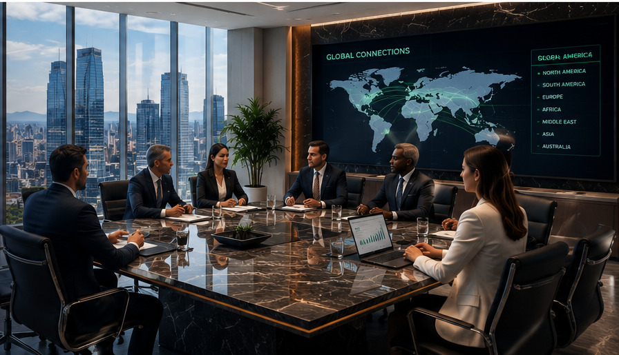 Avalon 360 Enterprise leadership team in a boardroom with a global connections display